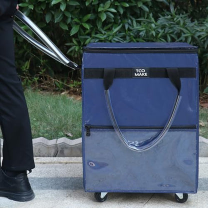 Medium DK Blue Reusable Grocery Bag on Wheels, Folding Rolling Tote - color: Dk Blue, size: Medium