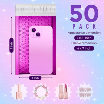 Fuxury Foil Bubble Mailers 4x8" 50 Pack Usable Size 4x7" Padded Envelopes - color: Purple, size: 4x8" 50PC