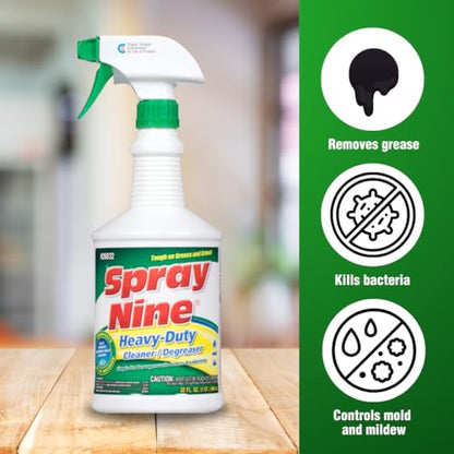Spray Nine 26832 Heavy Duty Cleaner, Degreaser & Disinfectant for Kitchens, Bathrooms, Yard Equipment, Automotive & Industrial 32 Fl Oz. (Pack of 1) - size: 32 Fl Oz (Pack of 1), style: Old Packaging