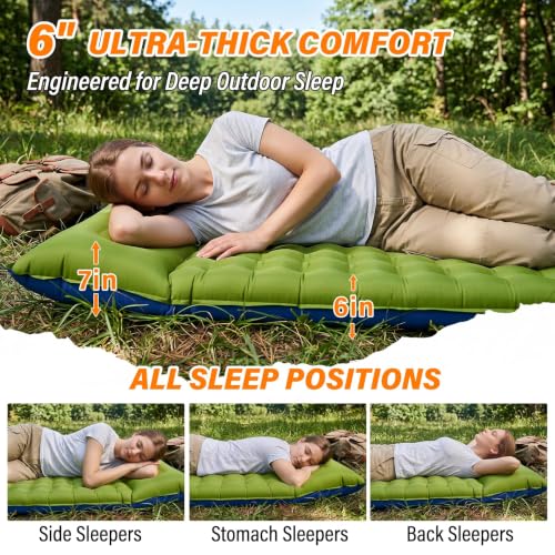 Camping Sleeping Pad, 6 inch Thick Ultralight Camping Mat with Pillow, Built-in Foot Pump Inflatable Sleeping Pads Compact for Camping Backpacking Hiking Traveling Tent,Single,Green - color: Green