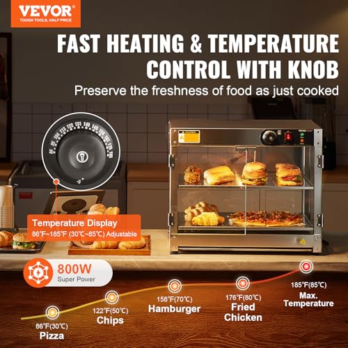 VEVOR 2-Tier Commercial Food Warmer Display, 800W Food Display Warmer with Light to Enhance Food Display, 86℉~185℉ Temperature Control, 58L Large Capacity for Hamburger, Pizza, Bread, Fried Chicken - size: 2-Tier-61Qt