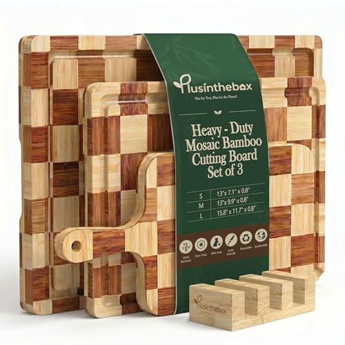 Cutting Board Set of 3 with Holder Checkered Cutting Boards for Kitchen - color: Natural - Set of 3