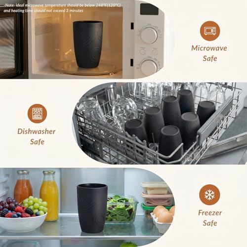 Homienly Wheat Straw Drinkware 12oz Unbreakable Drinking Glasses 6-Piece Stackable Kithen Cups Dishwasher and Microwave Safe Cups for Everyday Family Meals, Entertaining-Black - color: Black, size: 12 Ounces