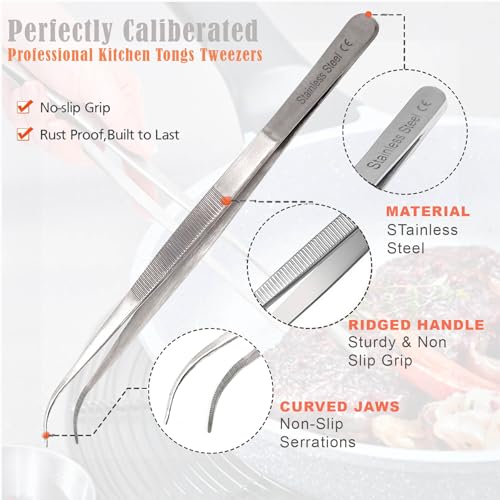 Professional Culinary Stainless Steel Precision Tongs With Serrated Tips - Plating/Food Presentation Detailing Serving - Chef's Kitchen Tweezer - Ultra Non-Slip Grip (8" Curved Slim) - size: 8" Curved Slim