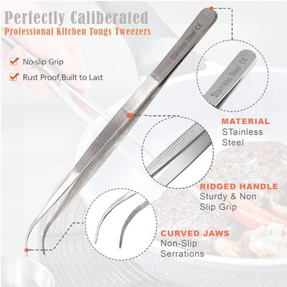 Professional Culinary Stainless Steel Precision Tongs With Serrated Tips - Plating/Food Presentation Detailing Serving - Chef's Kitchen Tweezer - Ultra Non-Slip Grip (8" Curved Slim) - size: 8" Curved Slim
