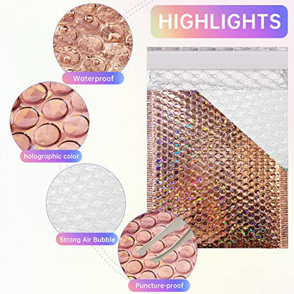 50 Pcs Metallic Bubble Mailers,Holographic Bubble Mailers,Poly Padded Envelopes,Waterproof Self Seal Adhesive Shipping Bags,Holographic Envelopes for Mailing,Packing,Small Business,Thicken (Rose Gold)