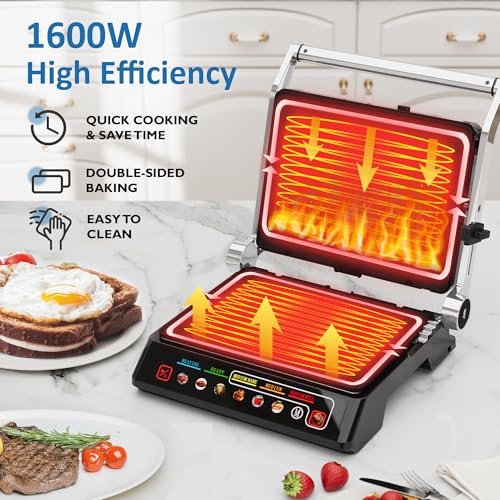 3-in-1 Indoor Grill & Griddle: 180° Flat Opening, Preset Menu, 1600W Electric Panini Press Sandwich Maker with Removable Non-stick Plates, Easy to Clean (Black, 14.25x13.4x5.9″) - size: Extra Large