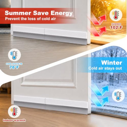 9 Pack Hard Door Draft Stopper for Bottom of Door, 126 Inch Total Adjustable Door Sweep, Self-Adhesive Weather Stripping Door Seal Gap Filler for 3 Doors, White