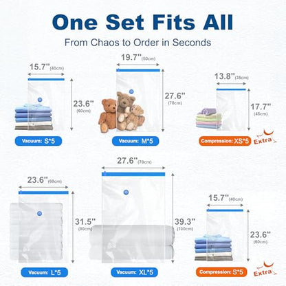 HOUSE DAY 30 Pack Vacuum Storage Bags with Electric Pump, 4 Sizes + 2 Roll-Up (5 Each), Space Saver Vacuum Seal Bags for Clothing, Bedding, Pillows, Travel – Airtight Seal, Reusable & Durable - size: 30 Combo-E PUMP