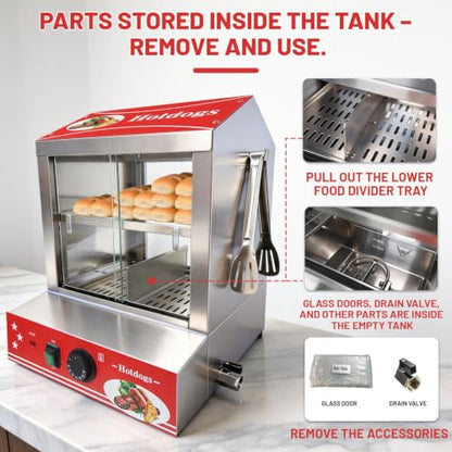 29 QT Hot Dog Steamer with Bun Warmer - Electric Steaming Machine 2-Tier Capacity for 175 Hot Dogs & 40 Buns, Visible Glass Slide Doors for Commercial Home Use