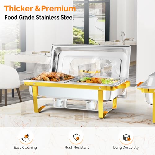 ROVSUN Chafing Dishes for Buffet, 9QT Chafing Dish Buffet Set with Glass Lid,Stainless Steel Buffet Servers and Warmers with 2 Half Size Pan,Stackable Design for Party Wedding, Gold & Silver - size: Half Size Food Pan