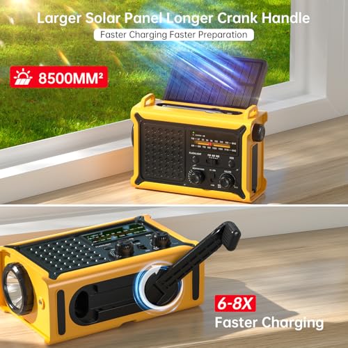 NOAA Weather Radio, 12000mAh Emergency Portable Radio, Hand Crank & Solar - color: Yellow