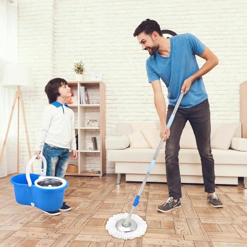 Spin Mop and Bucket with Wringer Set, 360° Spin Mop & Bucket Floor Cleaning System Mop Bucket with 61" Adjustable Extended Handle 3 Replacement Microfiber Refills, Set of 2 - color: Blue-2