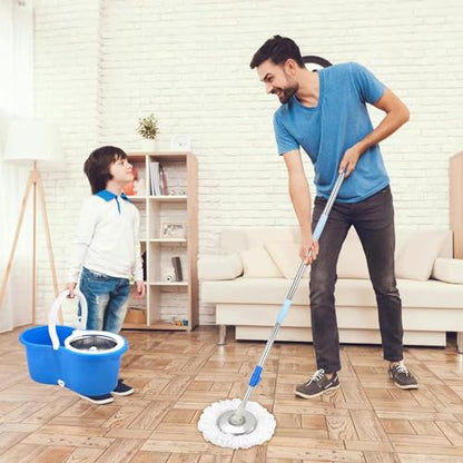 Spin Mop and Bucket with Wringer Set, 360° Spin Mop & Bucket Floor Cleaning System Mop Bucket with 61" Adjustable Extended Handle 3 Replacement Microfiber Refills, Set of 2 - color: Blue-2
