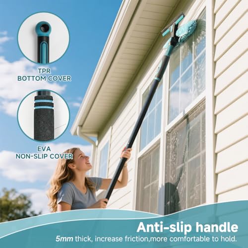Buysenton Professional 2-in-1 Window Squeegee Cleaner Tool with 62" Extension Pole, Rotatable Bendable Head & Scrubber, Car Glass Cleaning Kit for Windows, Shower, Gas Station - 1 Blade 2 Scrubber
