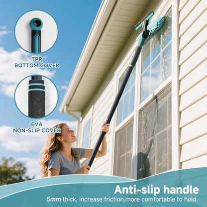 Buysenton Professional 2-in-1 Window Squeegee Cleaner Tool with 62" Extension Pole, Rotatable Bendable Head & Scrubber, Car Glass Cleaning Kit for Windows, Shower, Gas Station - 1 Blade 2 Scrubber