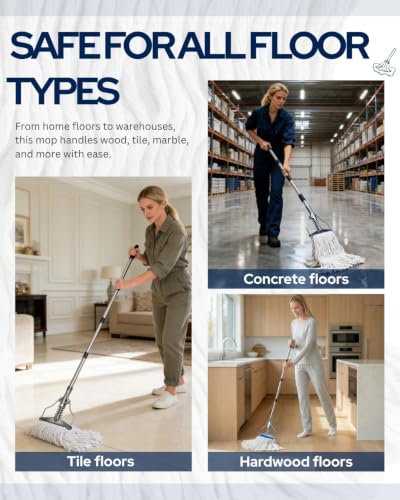 59" Commercial String Mop System, 7" Heavy Duty Metal Frame Wet Mop, 2 Machine Washable Looped-End Heads, Industrial Janitorial Supplies for Warehouse & Gym (59" Mop Kit with 2 Heads)