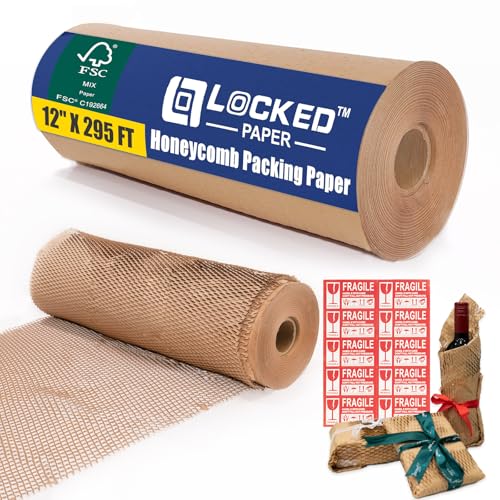 Honeycomb Packing Paper Roll 12" x 295 FT with Fragile Stickers– Biodegradable Cushioning Wrap for Moving, Shipping & Gift Wrapping – 100% Recyclable, FSC Certified Eco-Friendly Packaging - size: 12" x 295ft