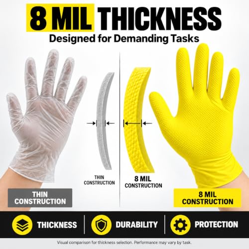 TitanFlex Heavy Duty Industrial Nitrile Gloves with Raised Diamond Texture, 8-mil, Latex Free (Green/Dark Green/Yellow) - color: Yellow (50ct), size: XX-Large