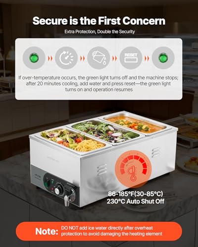 VEVOR Commercial Food Warmer, 1200W Electric Stainless Steel Steam Food Warmer, Fast Heating Countertop Buffet Bain Marie with Detachable Power Cord, for Catering, Restaurants, Parties & Buffets - size: 3*1/3Pan;20CM Depth