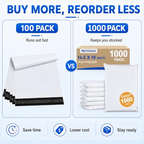 Metronic Poly Mailers 14x19 1000 Pack, Large Bulk Self Seal Shipping Bags - color: White, size: 14.5x19 1000PC