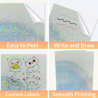 Printable Sticker Paper, 20 Sheets Printable Holographic Star Sticker Paper, Laser/Inkjet Printing- Holographic, Letter Size (8.5" x 11") - color: Holographic Star, size: 8.5" x 11"