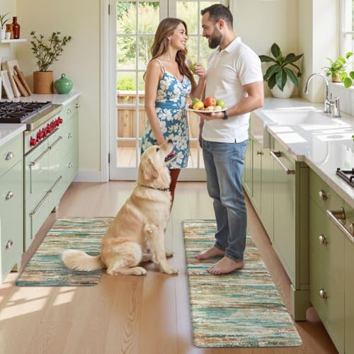 KIMODE Kitchen Mats Cushioned Anti Fatigue,Cyan Abstract Farmhouse Rugs - color: Cyan/Multi, size: 17.3" x 47"+17.3" x 29"--0.47 inches