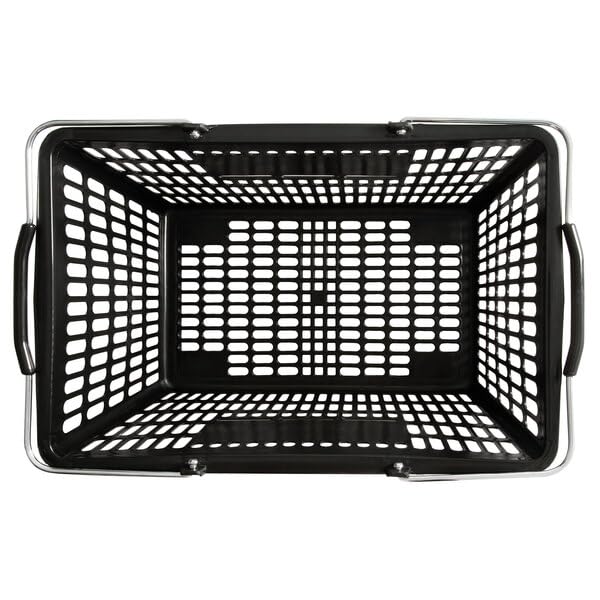 Black Plastic Shopping Basket with Steel Handles, 18 11/16 x 12 3/8 Inch, 32L Capacity, 55 lb Weight Limit, Stackable Design for Grocery Market