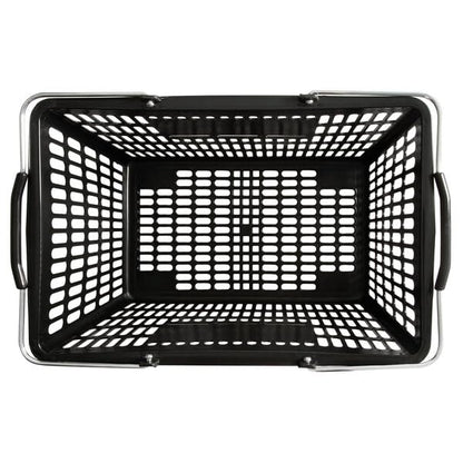 Black Plastic Shopping Basket with Steel Handles, 18 11/16 x 12 3/8 Inch, 32L Capacity, 55 lb Weight Limit, Stackable Design for Grocery Market