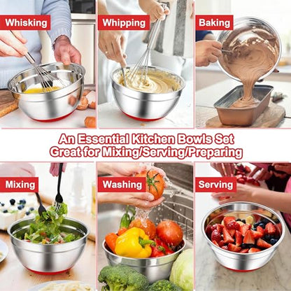 TeamFar Mixing Bowls, Stainless Steel Salad Bowls with Lids - Red - color: Red