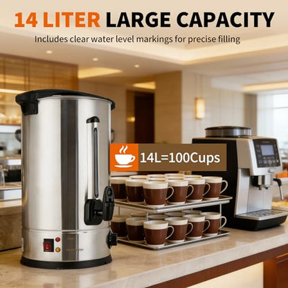 100-Cup Coffee Urn, 14L / 3.8Gal Double Wall Insulation Coffee Dispenser, Stainless Steel Large Hot Beverage Dispenser with Automatic Temperature Control & Faucet Commercial Coffee Urn, Silver - color: Silver, size: 14L/3.7Gal