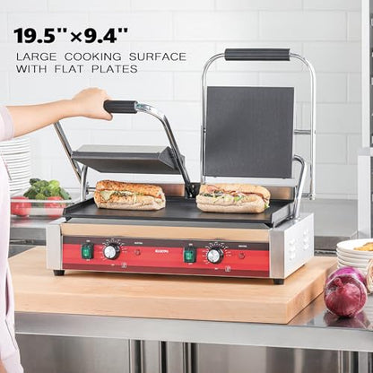 EGGKITPO Commercial Dual Panini Press with 2 Flat Plates Electric Panini Grill with Temperature Control and Handle 19.5" ×9.4" Large Cast Iron Sandwich Maker for Kitchen Business 110V 3400W - size: 19.5”×9.4" Smooth Plate