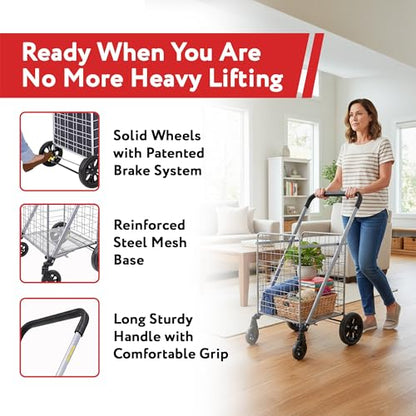 dbest Products Cruiser Cart Deluxe 2 - Foldable Shopping Cart with Wheels & Brake System - Heavy Duty Collapsible Utility Cart for Groceries & Laundry - Holds 100 lbs - Silver, Alloy Steel - color: Silver, style: Deluxe 2