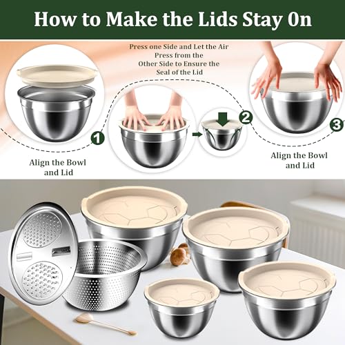 Mixing Bowls with Lids Set, 16PCS Stainless Steel Mixing Bowls,Nesting Storage Bowls for Kitchen with Mixing Bowls Set, Colander, Strainer & Grater , Metal Salad Bowl for Kitchen Gadgets , Cream - color: Cream