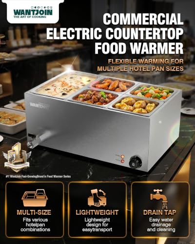 WantJoin Commercial Soup Warmer - Full Size Electric Steam Table Food Warmer, Stainless Steel Bain Marie Warmer with 2 Round Pots, 1500W Countertop Food Warmer for Buffet Restaurant Catering - size: 3 Pan -21QT