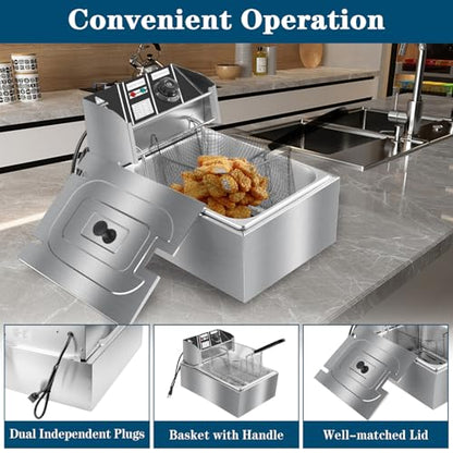 10QT Electric Deep Fryer, 2500W Commercial Stainless Steel Single Tank Countertop Fryer with Basket & Lid, Temperature Control for Restaurant, Food Truck & Home Use - size: 10QT