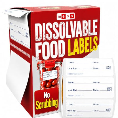 MESS Dissolvable Food Labels, 1x2, 200/Roll - Dissolves in 30 Seconds or Less - Removable Pantry, Meal Prep & Food Storage Labels - Canning & Freezer Use - size: 1x2"