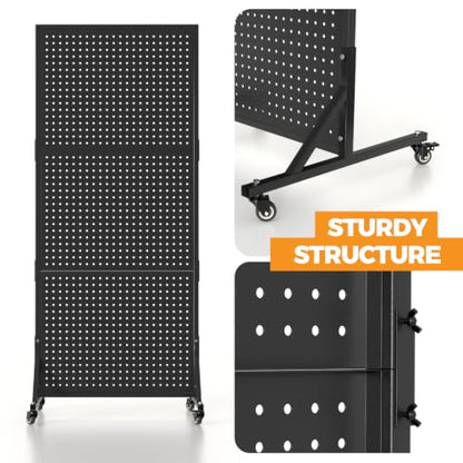 1 Pack 2x5ft Metal Pegboard Display Stand w/Wheels & 30 Hooks - color: Set 1