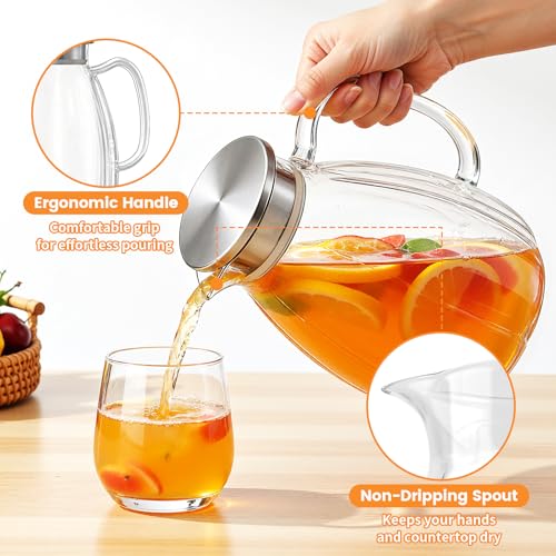 Glass Pitcher with Lid and Handle, 2.2L/74 oz Borosilicate Glass
