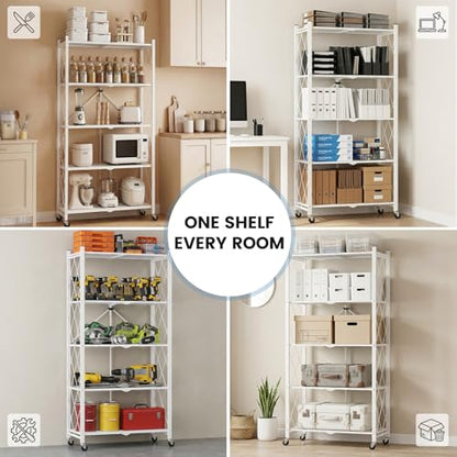 ALANNG 70.7" H Metal Storage Shelves, 5 Tier Folding Shelf on Wheels - color: White