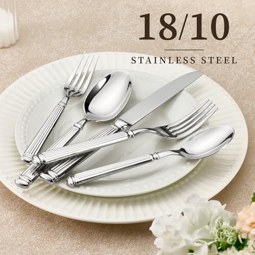 CAROTE 20 Pieces Silverware Set, Premium 18/10 Stainless Steel Flatware Set, Luxury Cutlery Set for 4, Dishwasher Safe for Home and Kitchen with Relief Patterns Handle, Party, Wedding, Silver