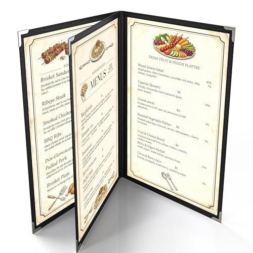 10 Pcs Black Menu Cover 8.5x14, 3 Page 6 View, Crystal-Clear - color: black with silver corners, size: 3 Pages - 8.5" x 14"