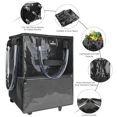 Reusable Grocery Bag On Wheels, 70L Foldable Rolling Tote with 6 Pockets - color: Black, size: Medium