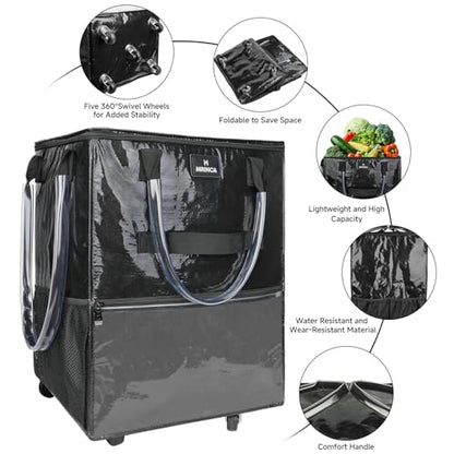 Reusable Grocery Bag On Wheels, 70L Foldable Rolling Tote with 6 Pockets - color: Black, size: Medium