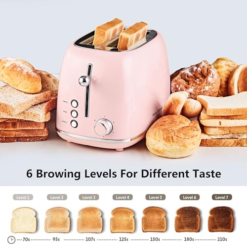 Roter Mond 2 Slice Toaster Retro Stainless Steel with Bagel, Cancel, and Defrost Functions, 6 Bread Shade Settings, Extra Wide Slots and Removable Crumb Tray, Pink - color: Pink