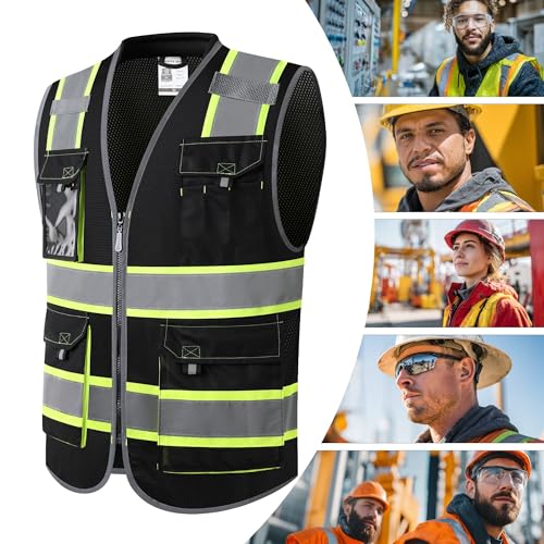 JKSafety Safety Vest for Men Women Hi Vis with Pockets and Cushioned Collar Construction Vest Meet ANSI Standard (BX360) - color: Black, size: Large