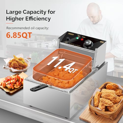 ROVSUN 11.4QT Electric Deep Fryer with Basket & Lid, 1700W Commercial Deep Fryer w/Adjustable Temperature Stainless Steel French Fryer for Home and Commercial Kitchens - size: 11.4QT