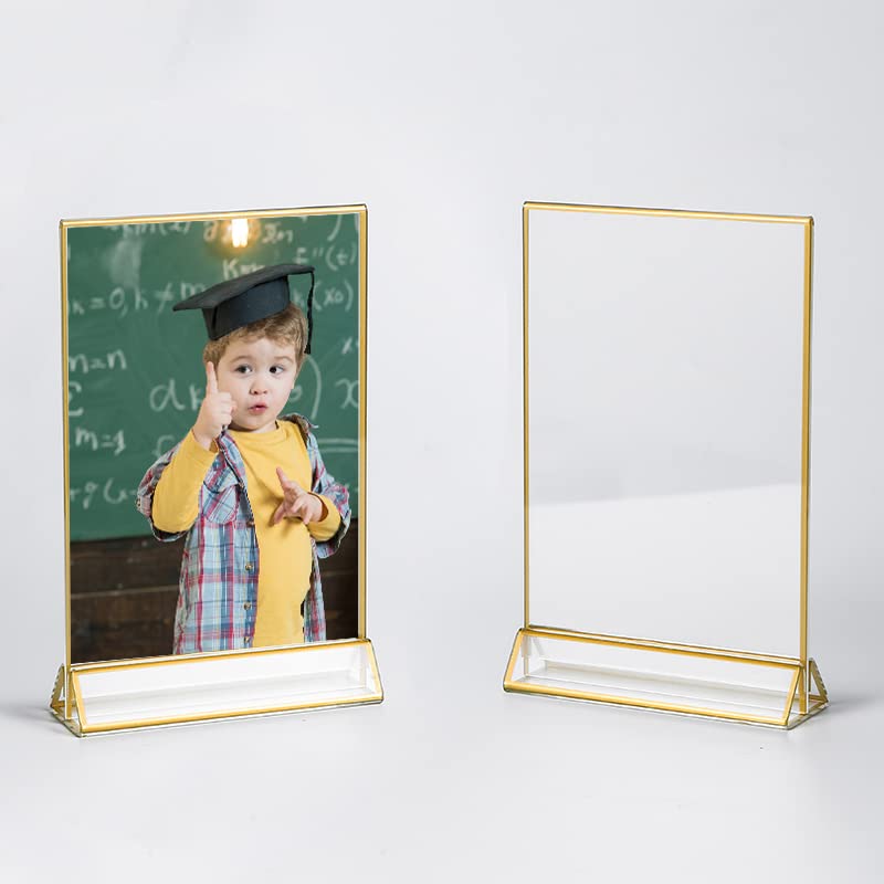 UNIQOOO Acrylic Sign Holders with Golden Border, Portrait View, Pack of 12 | 5x7 Double Sided Clear Frame, Perfect for Wedding reception, Centerpiece, Decoration, Party,Anniversary, Event - size: 5x7",12Pack