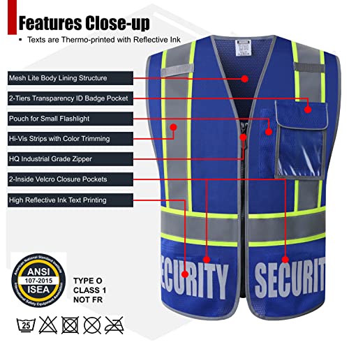 Security Vest for Men Women Reflective Safety Vest with 5 Pockets and Front Zipper Mesh High Visibility Vest (Blue-22, Large) - color: Blue, size: Large