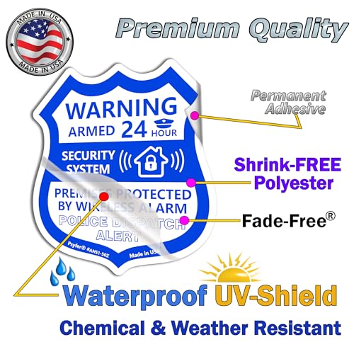 Psyfer® (Fade-Free) 6 Pack - Small Alarm Security Outdoor UV Window Stickers [Made in USA] - color: Blue & White